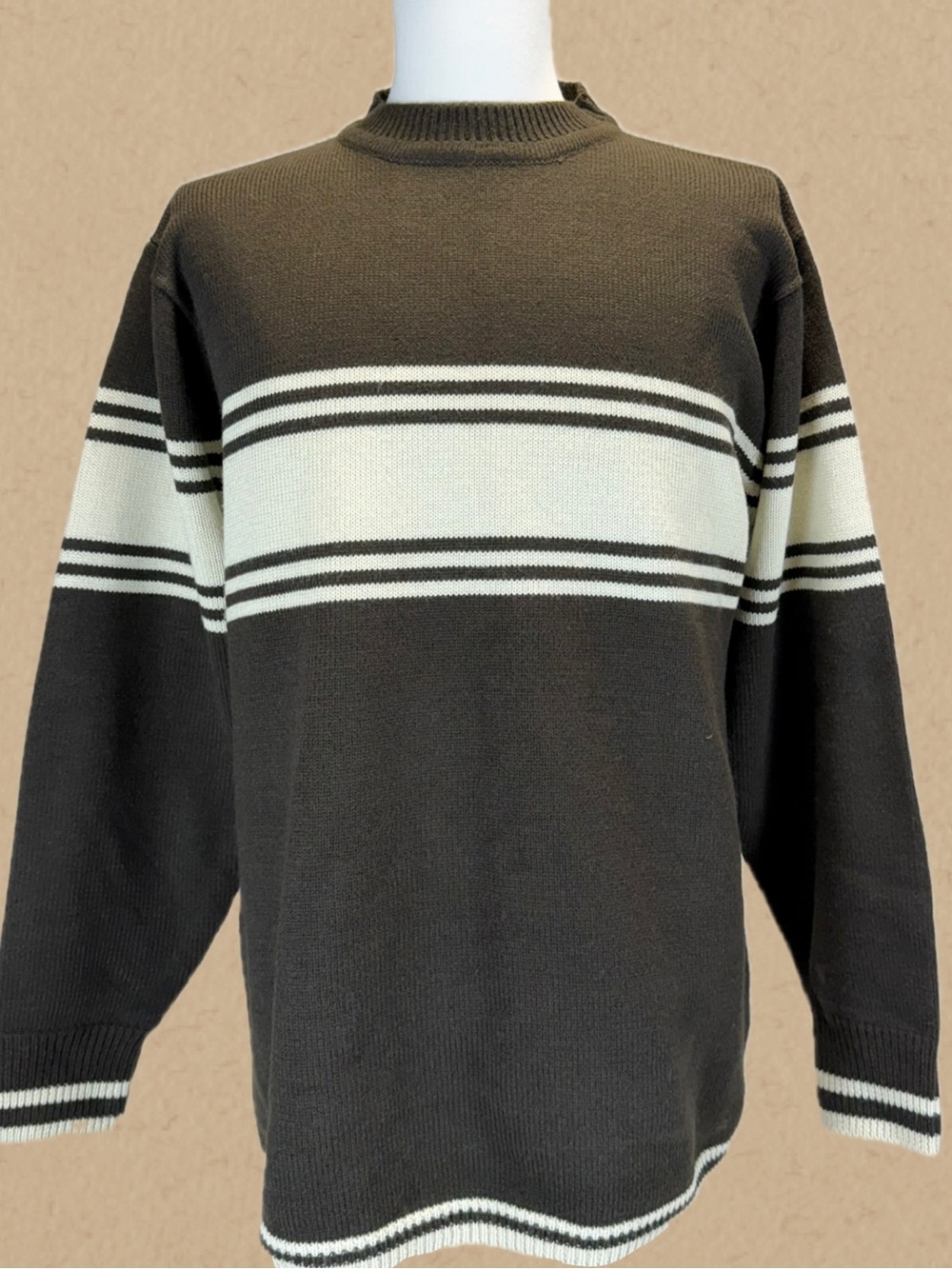 VINTAGE wide stripe men’s knit sweater wool blend earthy brown preppy sporty 90s
